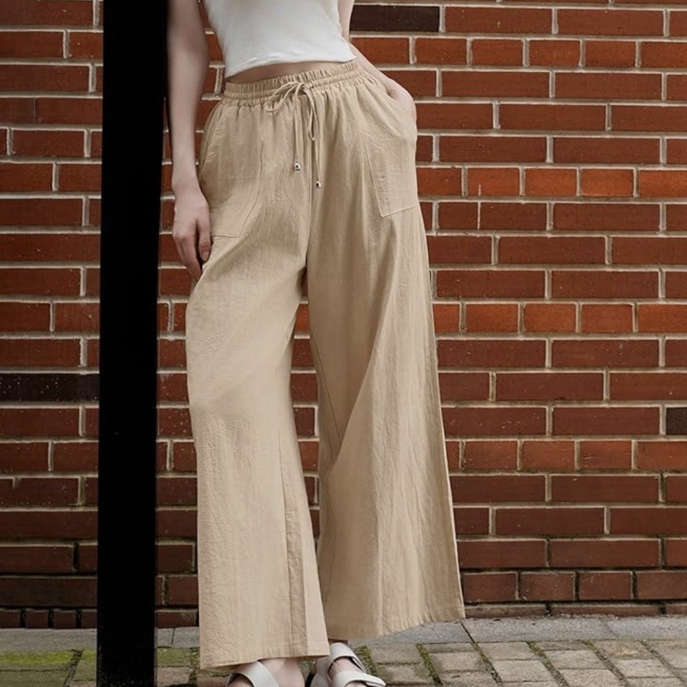 Beige Wide Leg Pants Palazzo Medium Brown Lagenlook  Boho Hippie Elastic Casual